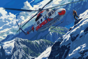 山岳救助のヘリコプターが高い崖の上にいる人物に接近しているイラストで、雄大な自然の中での緊迫した一瞬が捉えられています。