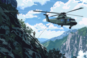 岩壁に接近して救助活動を行うヘリコプターのイラストで、救助隊員がロープを伝って下降している様子が描かれています。