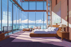 広々としたホテルの部屋で、全面ガラス張りの窓から青空と海が見えるイラスト。ベッドは中央に配置され、木製の家具と調和している。部屋は自然光で満たされ、開放的な雰囲気がある。