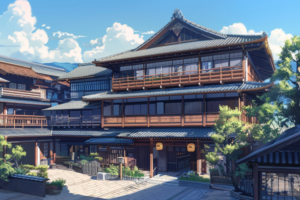 青空と白い雲が広がる晴れた日に、伝統的な木造の日本の旅館が落ち着いた雰囲気で迎えてくれます。複数の層と細かい木工細工が特徴的な旅館は、訪れる人々に和の美を感じさせます。
