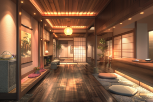 夕暮れ時のやわらかな光が差し込む、伝統的な日本の旅館の内廊下。床の木目と照明の暖かみが、訪れる人々に落ち着きと安らぎを提供します。廊下には、和風の装飾と植物が調和して配置されています。