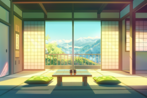 明るい日差しの中、床の間に掛け軸が飾られた和室から、目の前に広がる雄大な山々と青い空を望むことができます。畳の上には、緑色の座布団が置かれた低いテーブルがあり、和の静寂を感じさせる部屋です。