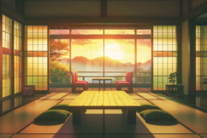 広々とした畳の部屋から見える大きな窓の外には、日没時の穏やかな湖と山々が広がっています。部屋には木製のテーブルと緑の座布団が設えられ、日本の伝統美を感じさせる空間になっています。