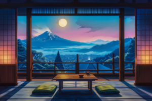 月明かりと初夏の夕暮れが織りなす幻想的な景色の中、山を望む旅館の部屋。畳には座布団が二つ置かれ、日本の夜を静かに楽しむことができる落ち着いた空間です。