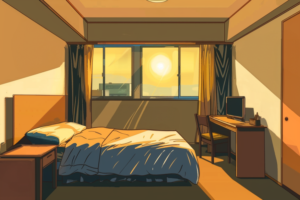 夕日が差し込むホテルの部屋のイラスト。部屋には大きな窓があり、暖色の日差しが床に長い影を落としている。ベッドは青いベッドカバーで整えられ、壁際には木製のデスクと椅子、上にはテレビが置かれている。