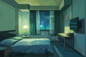 夜のホテルの部屋のイラスト。部屋は青緑色の壁と黄色の照明で照らされており、ベッドは青いベッドカバーがかかっている。部屋の隅にはライトがついたデスクと、壁掛けのテレビがある。