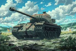 緑豊かな風景の中に停車している茶色の戦車。大砲は右側に向けられており、背景には青空と白い雲が広がっている。