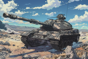 荒涼とした砂漠の風景に停車している灰色の戦車。大砲は前方に向けられており、遠くには山々が見える。