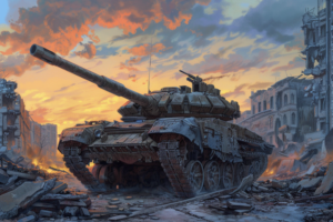 夕焼けの空のもと、瓦礫で満たされた都市に停車している赤茶色の戦車。大砲は上方に向けられており、炎と煙が背景に上がっている。