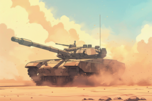 ほこりっぽい空のもと、砂漠に停車しているカーキ色の戦車。大砲は斜め前方に向けられており、地面には石が散らばっている。