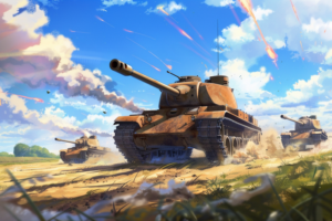 青空と雲が背景の中、前面と背後から土煙を上げながら疾走する褐色の戦車。画面には複数の戦車が描かれ、発射された砲弾の軌道が空中に描かれている。