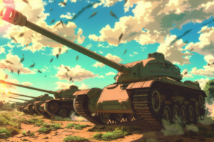 晴れた空と雲の下を行進する褐色の戦車の列。先頭の戦車が大砲から発射する瞬間が描かれ、砲弾の発射煙が後方に広がっている。