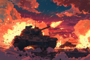 暮れゆく空と炎上する戦場を背景に、青灰色の戦車が前面に停車。他の戦車も背景にあり、画面全体に砲弾の光と煙が広がっている。
