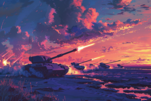 夕焼けの空と湿地帯を背景に、水面を渡る複数の戦車。戦車から発射される砲弾の光が空に向かって伸びており、周囲には草が生い茂っている。