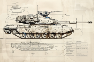 戦車の技術的な設計図を示したイラストで、様々な角度からの戦車の詳細な図面と寸法が記載されている。白黒の模式図に加えて、一部にカラーが使われており、非常に精密な描写がなされている。