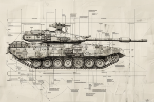 戦車の側面からの設計図を示したイラストで、戦車の構造と各部品の寸法が細かく注記されている。背景は白とグレースケールで描かれており、技術図面としての正確さと詳細さが強調されている。