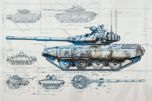 複数の視点から見た戦車の設計図を示したカラーイラストで、戦車の上部、側面、そして分解図などが描かれており、各部品の名称と寸法が詳細に書き込まれている。