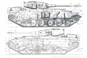 戦車の構造を示すための複数の断面図が含まれた設計図面で、内部メカニズムの詳細な描写と共に、外部の寸法や構造の説明が記載されている。全体的に白黒で描かれている。