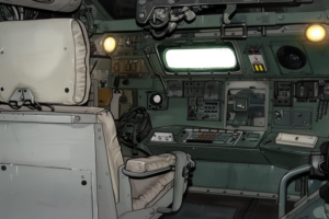 戦車の内部を描いたイラストで、右側の壁に多くのコントロールパネルとスイッチが配置され、中央のスクリーンが情報を表示している。左側には座席が見え、照明が壁に取り付けられている。