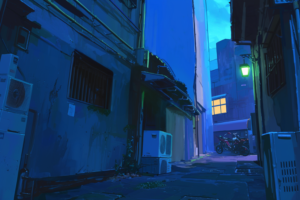 夜の都市の狭い路地を描いたイラスト。路地の奥には部屋の灯りが一つだけ点いており、それ以外は青みがかった暗闇が広がっている。建物の壁には苔が生え、雰囲気がありげに描かれている。