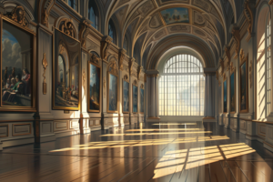 大きな窓から陽光が差し込む美術館のギャラリー。高い天井とアーチ形の窓が印象的で、壁には古典的な絵画が飾られている。木製の床が光を反射し、ギャラリー全体に明るく温かな雰囲気をもたらしている。