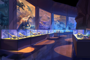 博物館の化石展示室を描いたイラスト。暗い部屋の中で、青と紫のライトが恐竜の化石と壁に描かれた海中の恐竜の壁画を照らしている。展示台の上には大小様々な恐竜の骨格が並び、背景には大きな水槽があり、古代の海を泳ぐ恐竜が描かれている。