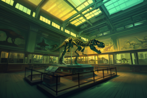 昼間の自然光が屋根のガラス窓から差し込む博物館の化石展示室。中央にはティラノサウルスの骨格模型が置かれており、周りには様々な恐竜の化石や情報パネルが展示されている。床は木製で、展示室全体が温かみのある雰囲気を放っている。