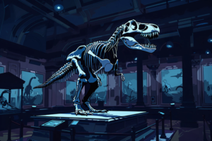 博物館の化石展示室を描いたイラスト。展示室は青いライトで照らされ、中央に大きなティラノサウルスの骨格模型が鎮座している。周りには他の恐竜の化石があり、壁には恐竜の壁画が青い光の中で神秘的に浮かび上がっている。