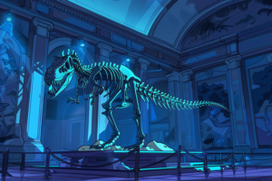青いライトで照らされた美術館の展示室に、ティラノサウルスの骨格が中央に展示されている。背後の壁には古代の生物が描かれたフレスコ画があり、周囲は荘厳な柱とアーチで飾られている。