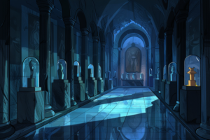 夜の美術館の廊下を描いたイラスト。一列に並んだ柱の間には、ガラスケースに収められた様々な彫刻が展示されており、廊下の奥には大きな像が見える。床は光沢のあるタイルで、青い光が神秘的な雰囲気を作り出している。