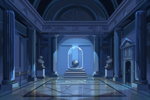 深夜の美術館のロビーを描いたイラスト。中央にはガラスドームの下に置かれた古代の地球儀があり、青いライトで照らされている。ロビーは高い柱と重厚な扉が特徴で、夜の静けさが漂っている。