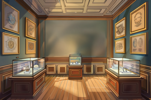 閉館時間が近づいた美術館の一室を描いたイラスト。部屋は静かで、中央と左右のガラスケースには小さな展示物が並んでいる。壁面には様々な航海用の器具や地図が飾られており、光の当たり方が神秘的な雰囲気を醸し出している。