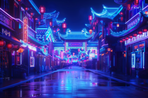 澄み切った夜空の下、ブルーのネオンライトで彩られた伝統的な中国の街並み。雨上がりの路面には青い光が反射し、提灯が暖かい雰囲気を醸し出しています。