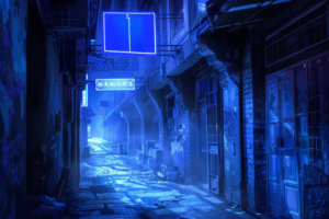 ひっそりとした路地に一つの青いネオンサインが掛かり、暗闇の中に光の筋を描いています。