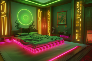 モダンで革新的なデザインの中国風寝室。壁には黄緑色のネオンライトが光り、ベッドの下にはピンクのネオンが際立っています。