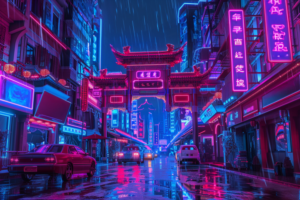 雨の夜、ネオンサインが輝く繁華街の一角。道は濡れており、通り過ぎる車のヘッドライトが反射しています。中国式の門と伝統的な提灯が特徴的な景色です。