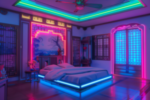 伝統的な中国風の内装にモダンなタッチを加えた寝室。壁と天井の周りには、青、緑、ピンクのネオンライトが取り付けられ、未来的な雰囲気を演出しています。ベッドは浮いているように見えるデザインです。