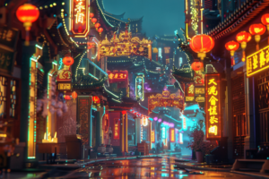 金色の光を放つネオンサインが中国の伝統的な建物を照らす通り。通りは雨に濡れ、ネオンの光がきらびやかに反射しています。