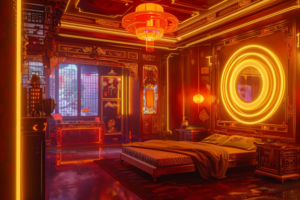 豪華で伝統的な装飾が施された中国風の寝室に、暖色系のネオンライトが光る。大きな円形の黄色いネオンが特徴的な壁飾りとして目を引きます。