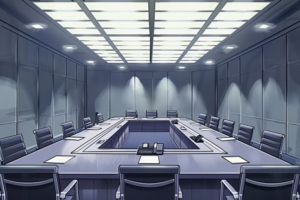 作戦本部のイラスト。大きな灰色の会議テーブルがあり、その周りには同色の椅子が並べられている。天井は白い長方形の照明パネルで覆われている。
