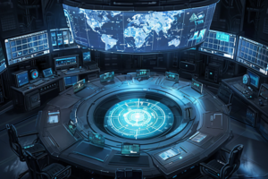 円形の戦術モニターが中央にある作戦本部のイラスト。周りには多数のスクリーンとコンソールが設置され、大型の地球マップが上部に表示されている。暗青色の照明と未来的なインテリアが特徴的である。