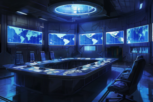 ブルーの照明で照らされた作戦本部のイラスト。中央のテーブルは、書類で散らかっており、壁には大型の地球地図が表示されたスクリーンが複数ある。天井には明るい円形の照明があり、現代的な雰囲気を演出している。