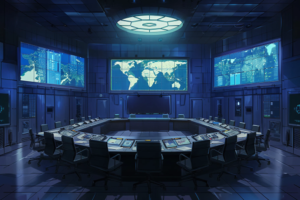 最新技術が集約された作戦本部のイラスト。中央には大型の円形テーブルがあり、各席にはタッチスクリーンが備えられている。周囲の壁面には戦術的なデータを映し出す複数のディスプレイがあり、落ち着いた青色の光が空間を包んでいる。