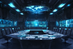 ブルーの光で照らされた作戦本部のイラスト。長方形の中央テーブルには紙の書類が広げられており、上部には大きな地球のホログラムが表示されている。壁には情報パネルが並び、未来的な雰囲気を醸し出している。
