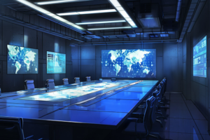 光沢のある長いテーブルが特徴的なモダンな作戦本部のイラスト。壁面には世界地図とデータが映し出された大型スクリーンがあり、青い照明が高い技術力を感じさせる雰囲気を作り出している。