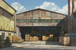 青空の下、錆びた金属の屋根とレンガの壁が特徴的な倉庫の外観のイラスト。多数の木箱が外に積まれており、倉庫の中には更に多くの箱が保管されている。