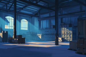青い光が射し込む空の倉庫内部のイラスト。大きな窓からの光が床にパターンの影を作り出しており、周囲には箱やパレットが無造作に積まれている。