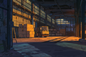 夕暮れ時の倉庫内部を描いたイラスト。柔らかい夕日の光が窓から差し込み、フォークリフトと様々なサイズの箱が置かれている。