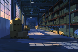 夕焼けの光が入る倉庫内部のイラスト。倉庫には高い棚が並び、多数の箱が整然と収納されており、床には光と影が交差している。