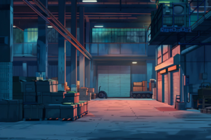 青みがかった照明の下の倉庫内部のイラスト。左側には積まれた箱が、右側には閉じたシャッターと荷物が置かれており、全体に静けさが漂っている。